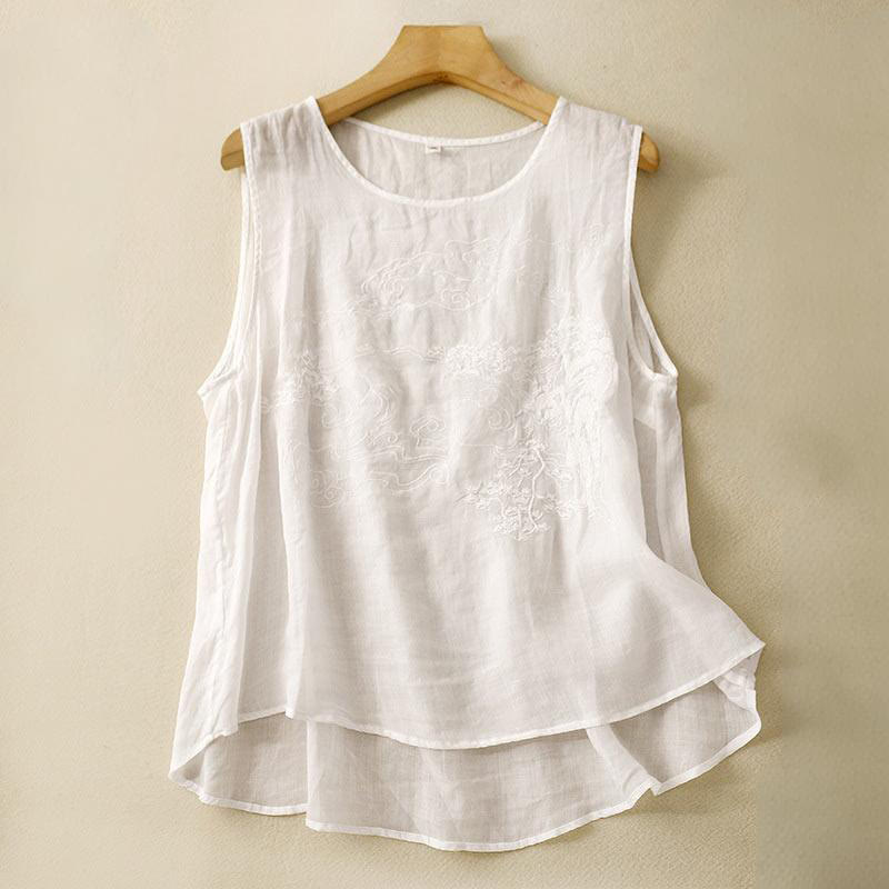 Buddha Stones Vintage Casual Embroidery Cotton Linen Women's Vest Waistcoat