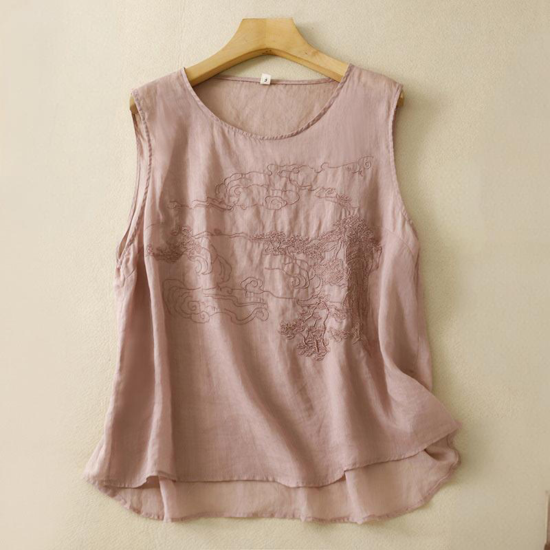 Buddha Stones Vintage Casual Embroidery Cotton Linen Women's Vest Waistcoat