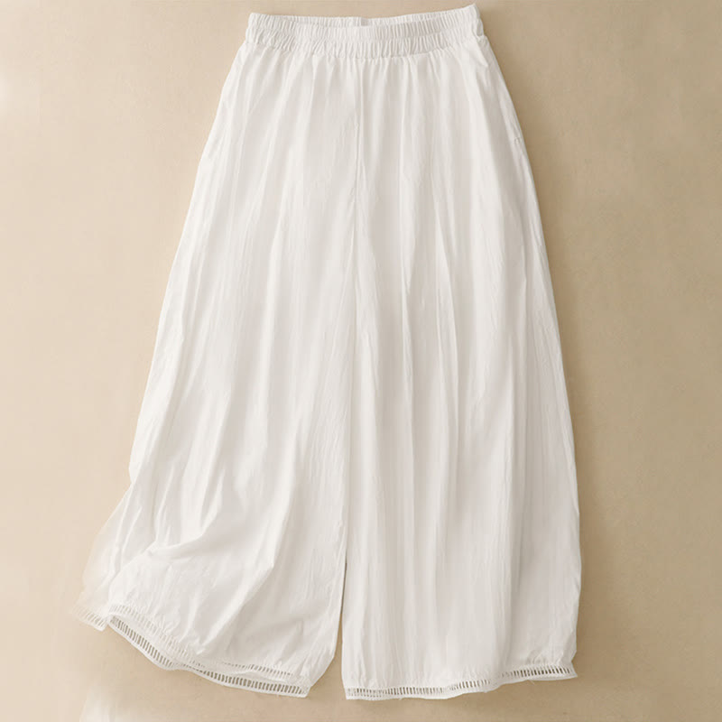 Buddha Stones Casual Hem Hollow Design Women's Cotton 7-8 Length Wide Leg Pants With Pockets