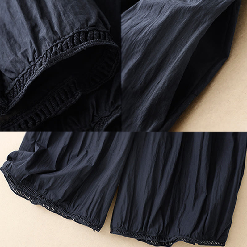 Buddha Stones Casual Hem Hollow Design Women's Cotton 7-8 Length Wide Leg Pants With Pockets