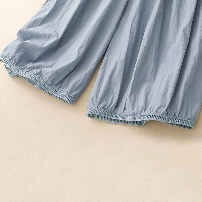 Buddha Stones Casual Hem Hollow Design Women's Cotton 7-8 Length Wide Leg Pants With Pockets