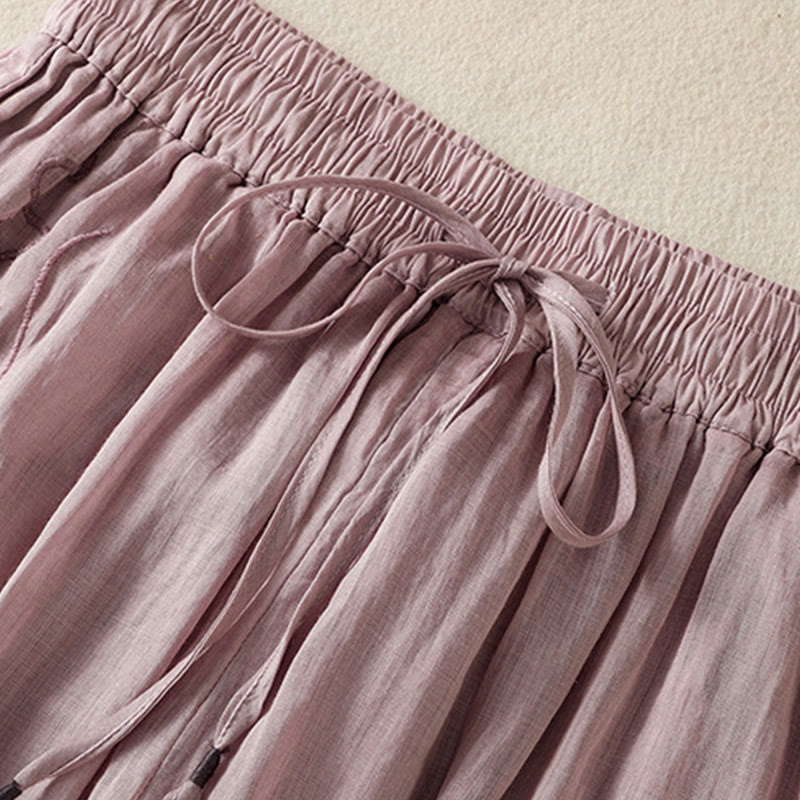 Buddha Stones Commute Embroidery Drawstring Women's Cotton Wide Leg Pants With Pockets