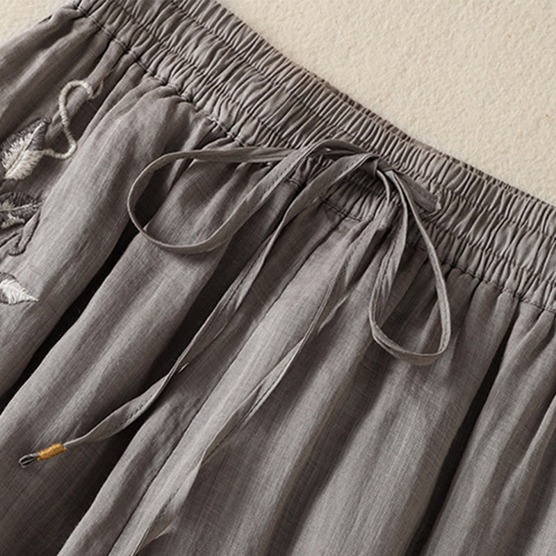 Buddha Stones Commute Embroidery Drawstring Women's Cotton Wide Leg Pants With Pockets