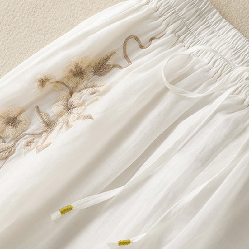 Buddha Stones Commute Embroidery Drawstring Women's Cotton Wide Leg Pants With Pockets