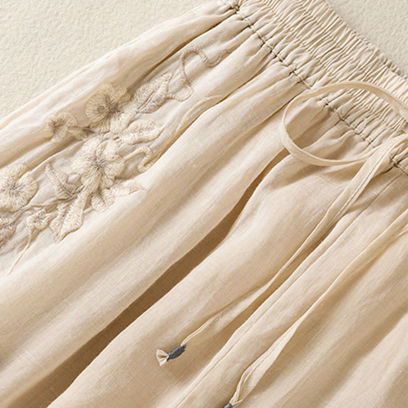 Buddha Stones Commute Embroidery Drawstring Women's Cotton Wide Leg Pants With Pockets