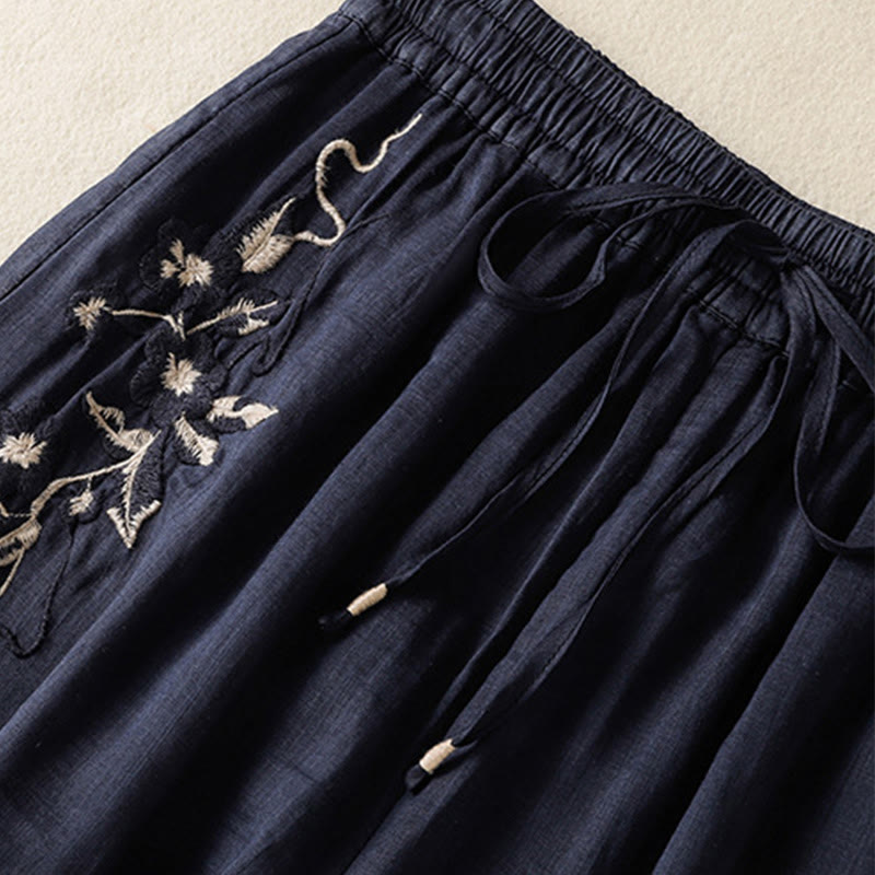 Buddha Stones Commute Embroidery Drawstring Women's Cotton Wide Leg Pants With Pockets