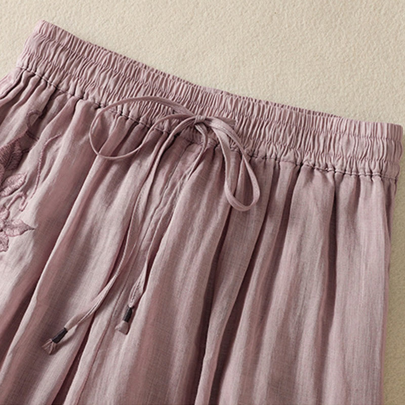 Buddha Stones Commute Embroidery Drawstring Women's Cotton Wide Leg Pants With Pockets