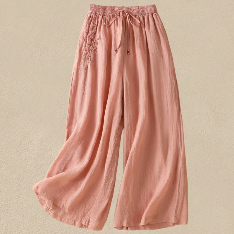 Buddha Stones Commute Embroidery Drawstring Women's Cotton Wide Leg Pants With Pockets