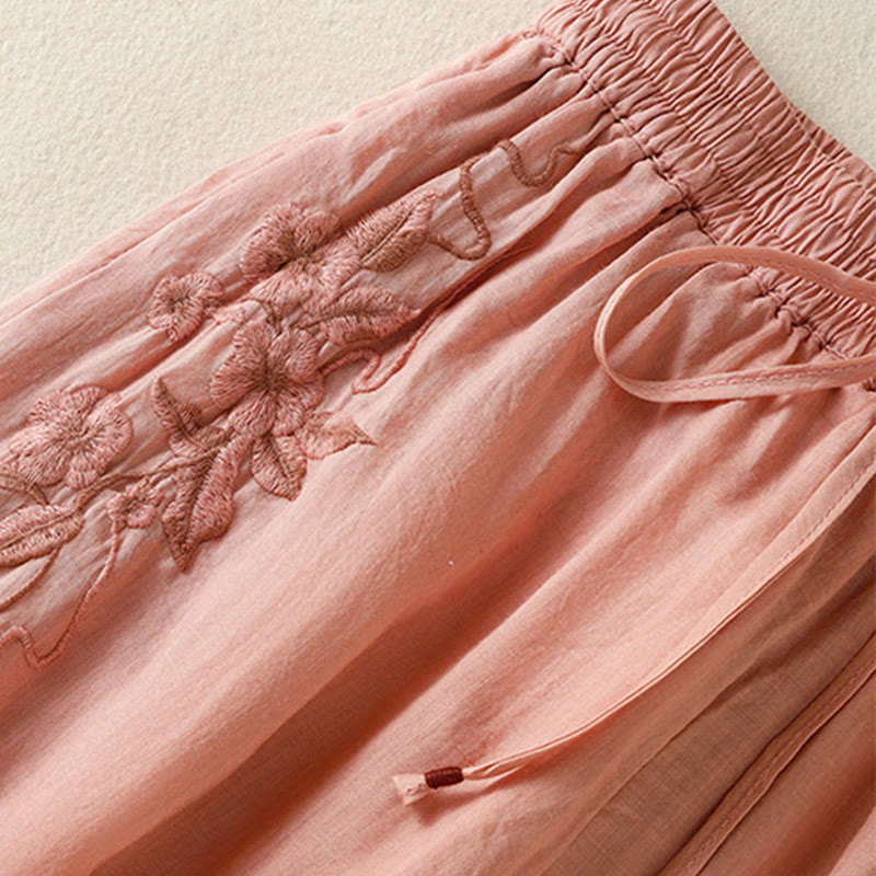 Buddha Stones Commute Embroidery Drawstring Women's Cotton Wide Leg Pants With Pockets