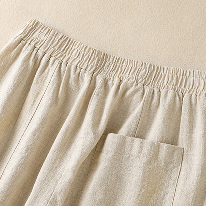 Buddha Stones Plain Simple Design High Waist Women's Cotton Linen Harem Pants With Pockets