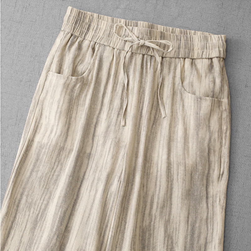 Buddha Stones Casual Tie-Dye Striped Design Drawstring Women's Cotton Wide Leg Pants With Pockets