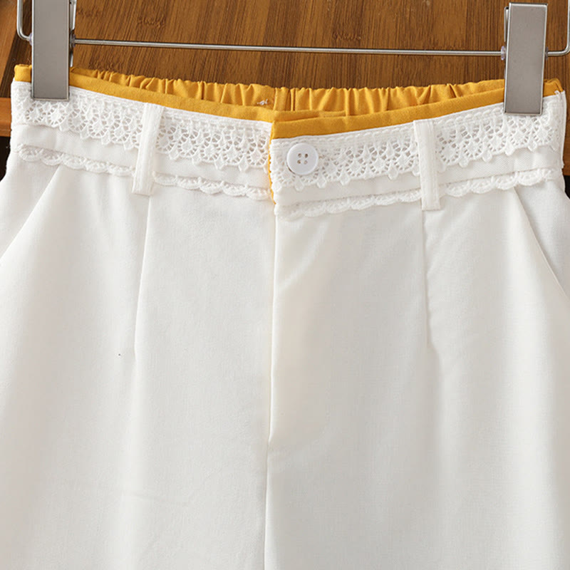 Buddha Stones Casual Hollow Lace Waistband Design Women's Cotton Linen Wide Leg Pants With Pockets