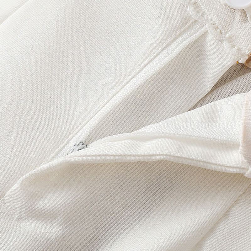 Buddha Stones Casual Hollow Lace Waistband Design Women's Cotton Linen Wide Leg Pants With Pockets