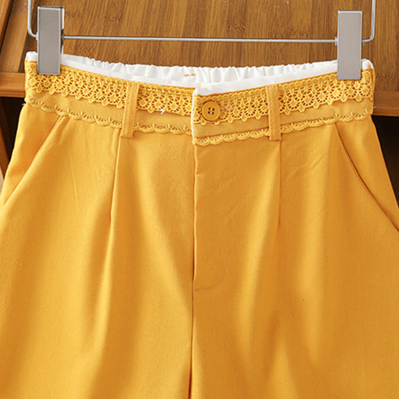 Buddha Stones Casual Hollow Lace Waistband Design Women's Cotton Linen Wide Leg Pants With Pockets