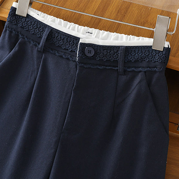 Buddha Stones Casual Hollow Lace Waistband Design Women's Cotton Linen Wide Leg Pants With Pockets