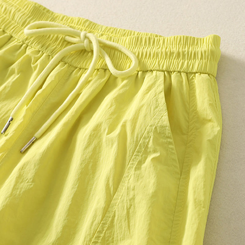 Buddha Stones Summer Vintage Plain Drawstring Cuffed Women's Pants With Pockets