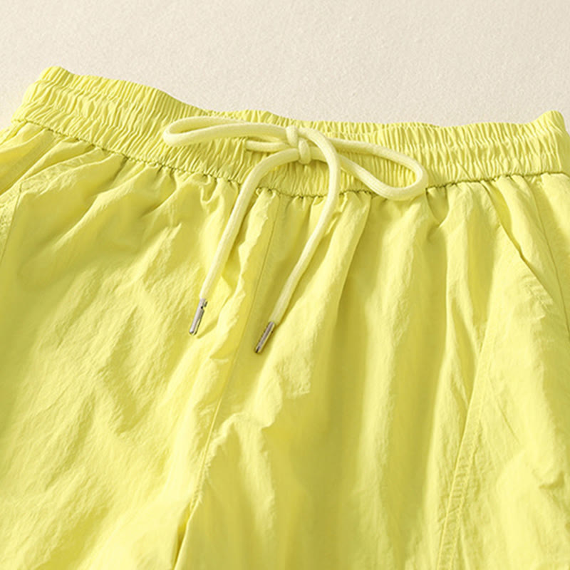 Buddha Stones Summer Vintage Plain Drawstring Cuffed Women's Pants With Pockets