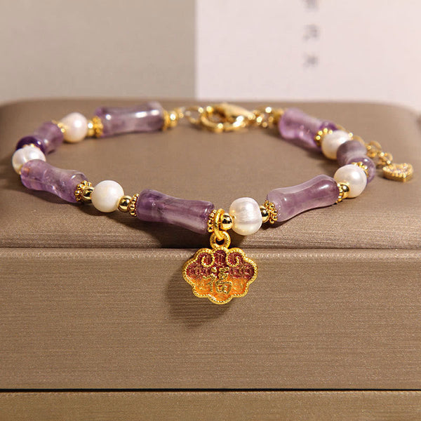 FREE Today: Spiritual Awareness Natural Peace Lock Bamboo Shape Fu Character Amethyst Pearl Bracelet