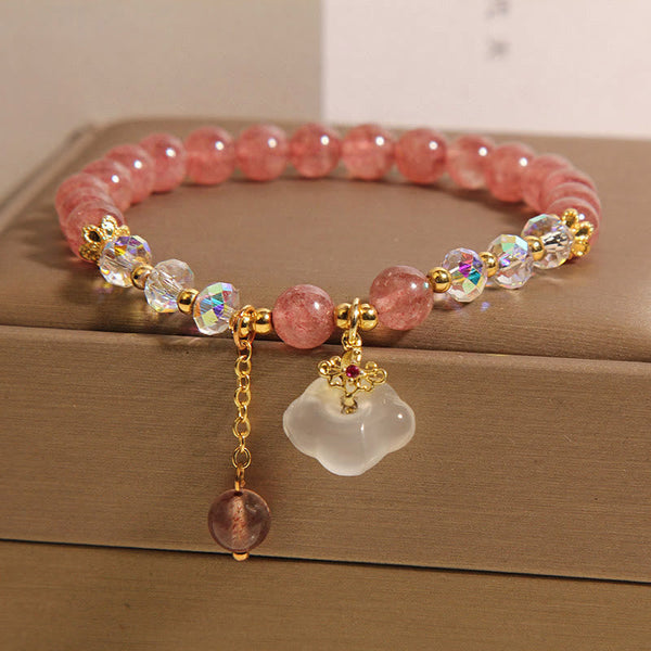 Buddha Stones Auspicious Clouds Strawberry Quartz White Agate White Crystal Positive Bracelet