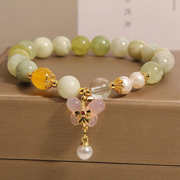 Buddha Stones Natural Butterfly Serpentine Jade Yanyuan Agate Luck Bracelet