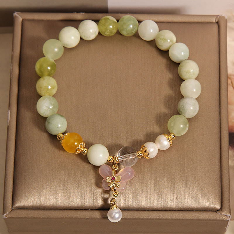 Buddha Stones Natural Butterfly Serpentine Jade Yanyuan Agate Luck Bracelet