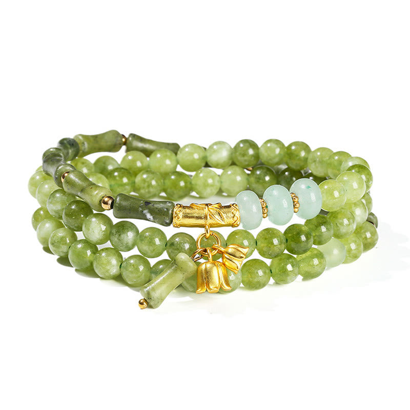 Buddha Stones Retro Multilayer Lily of the Valley Bamboo Green Chalcedony Strength Bracelet