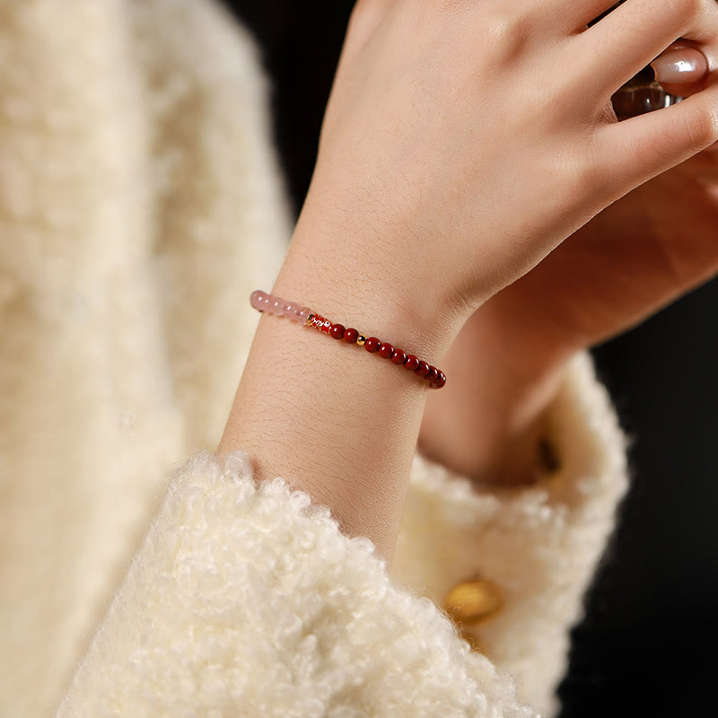 Buddha Stones Natural Cinnabar Pink Crystal Strawberry Quartz Lucky Koi Fish Blessing Bracelet