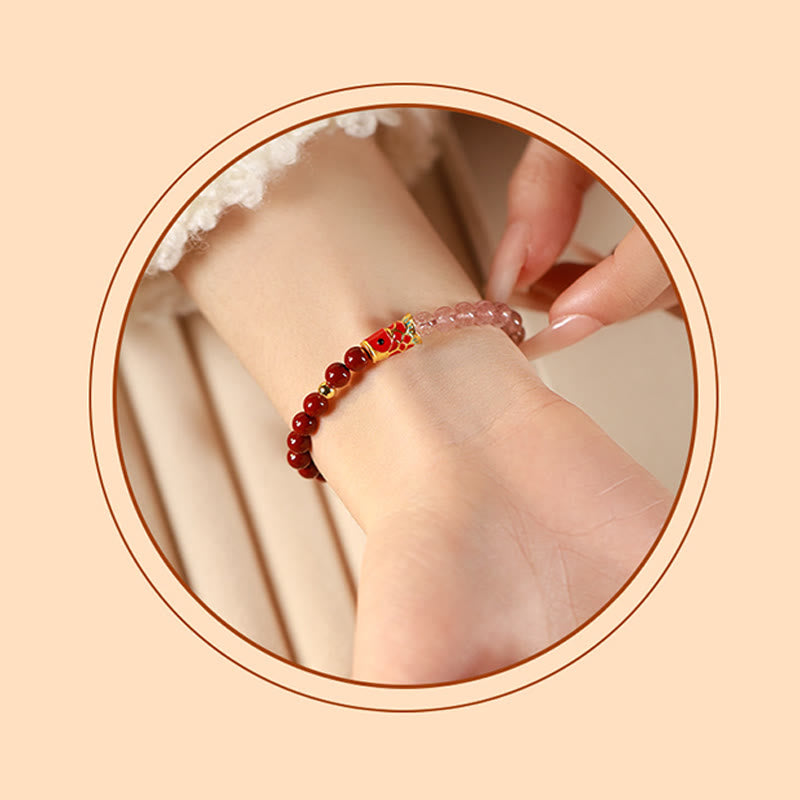 Buddha Stones Natural Cinnabar Pink Crystal Strawberry Quartz Lucky Koi Fish Blessing Bracelet