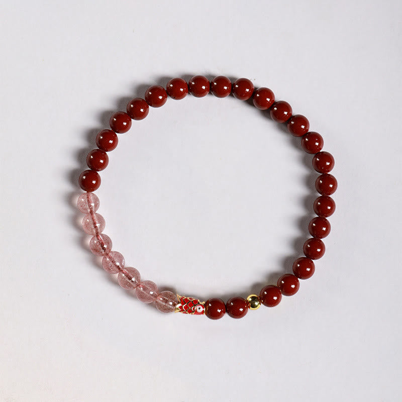 Buddha Stones Natural Cinnabar Pink Crystal Strawberry Quartz Lucky Koi Fish Blessing Bracelet