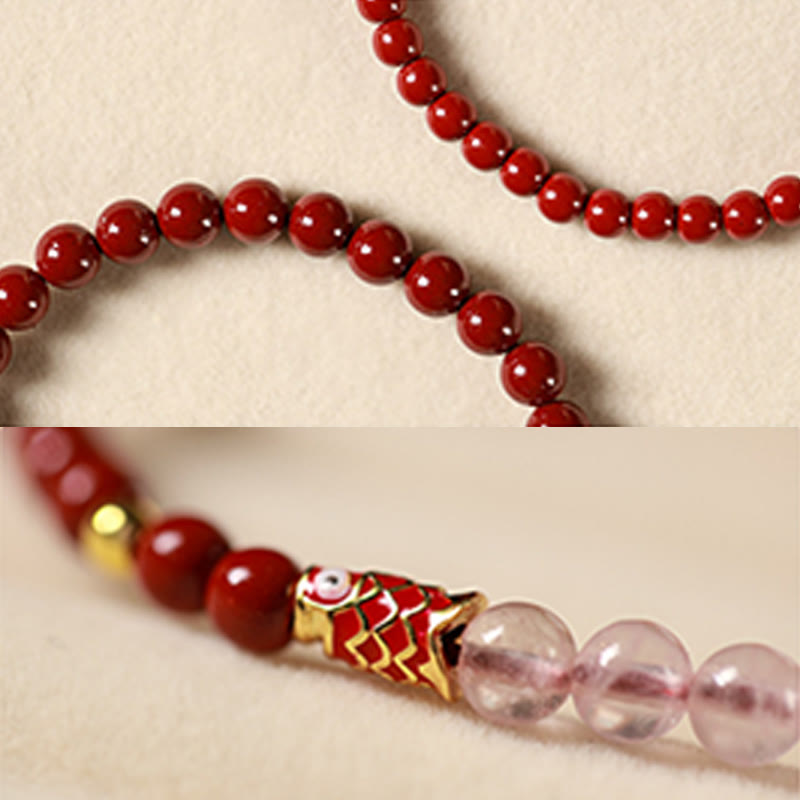 Buddha Stones Natural Cinnabar Pink Crystal Strawberry Quartz Lucky Koi Fish Blessing Bracelet