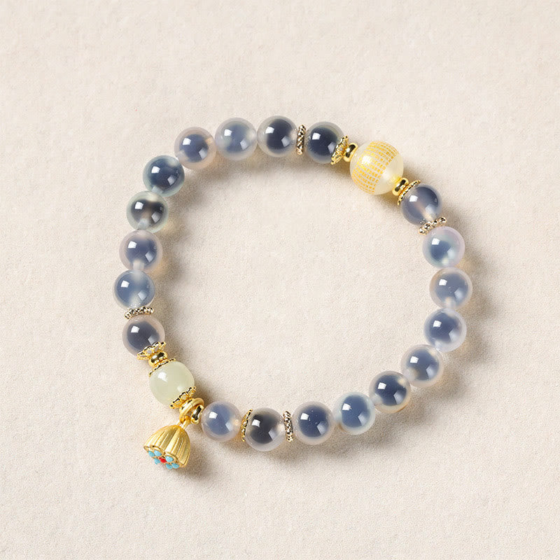 Buddha Stones Natural Colorful Candy Agate Golden Lotus Pod Healing Bracelet