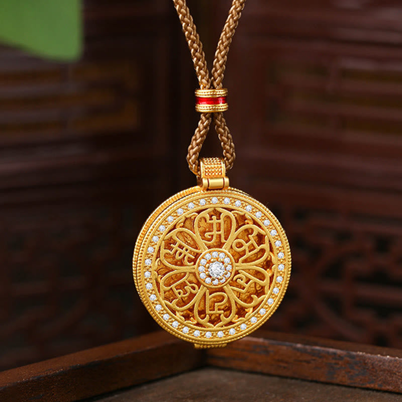 Buddha Stones Om Mani Padme Hum Openable Copper Plated Gold Wealth Necklace Pendant