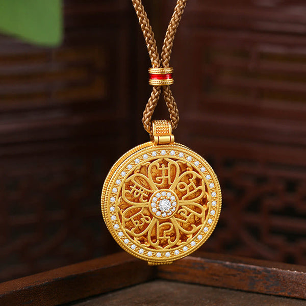Buddha Stones Om Mani Padme Hum Openable Copper Plated Gold Wealth Necklace Pendant