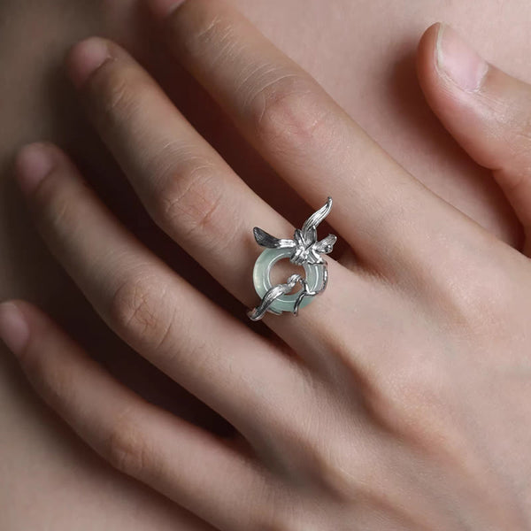 Buddha Stones 925 Sterling Silver Iris Design Peace Buckle Quartzite Jade Balance Ring