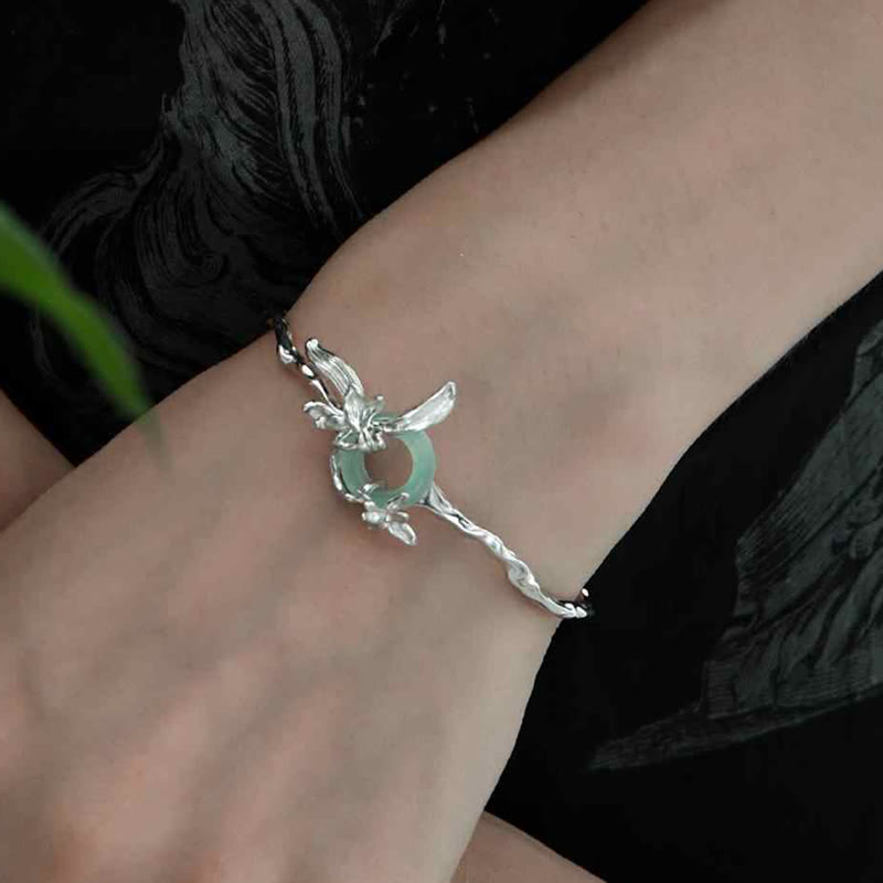 Buddha Stones 925 Sterling Silver Iris Peace Buckle Quartzite Jade Protection Bracelet Bangle