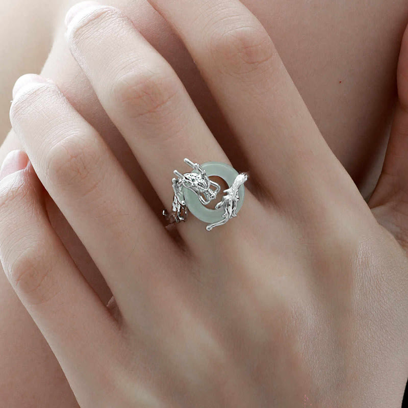 Buddha Stones 925 Sterling Silver Dragon Peace Buckle Quartzite Jade Balance Ring