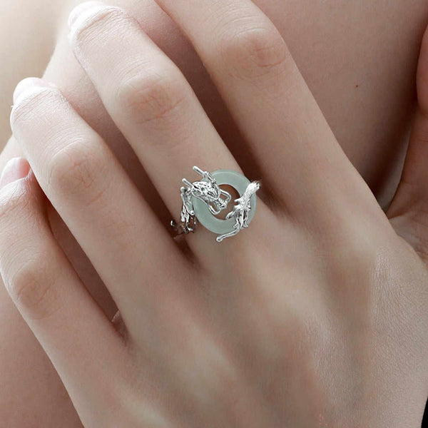 Buddha Stones 925 Sterling Silver Dragon Peace Buckle Quartzite Jade Balance Ring