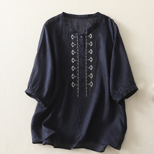 Buddha Stones Symmetrical Embroidery Cotton Linen Women's Half Sleeves Shirt
