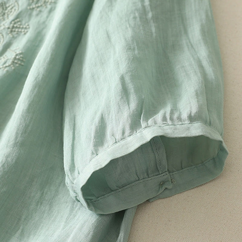 Buddha Stones Symmetrical Embroidery Cotton Linen Women's Half Sleeves Shirt