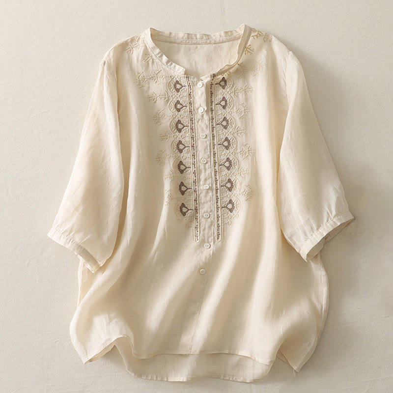 Buddha Stones Symmetrical Embroidery Cotton Linen Women's Half Sleeves Shirt