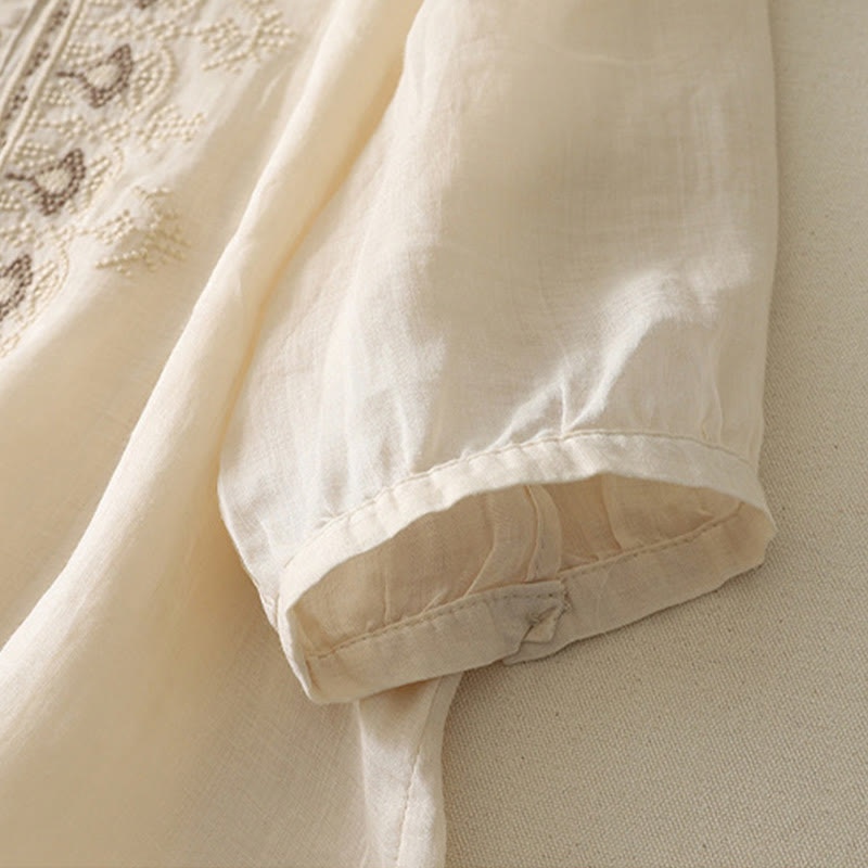 Buddha Stones Symmetrical Embroidery Cotton Linen Women's Half Sleeves Shirt