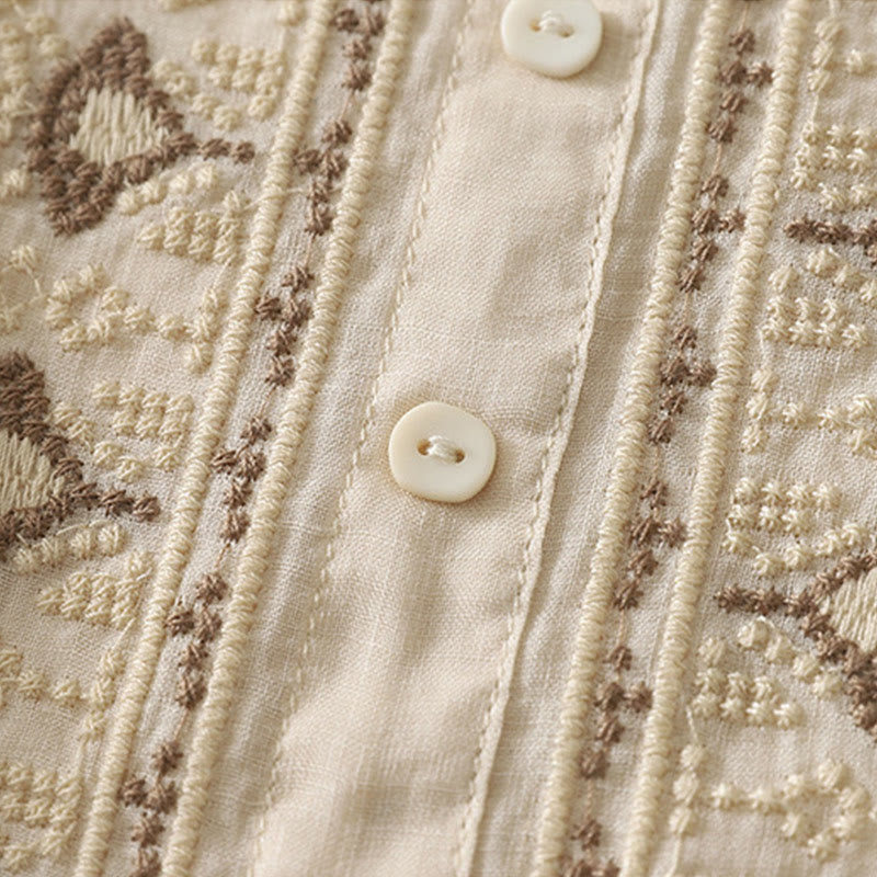 Buddha Stones Symmetrical Embroidery Cotton Linen Women's Half Sleeves Shirt