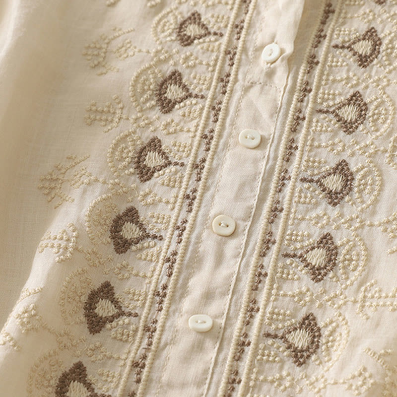 Buddha Stones Symmetrical Embroidery Cotton Linen Women's Half Sleeves Shirt
