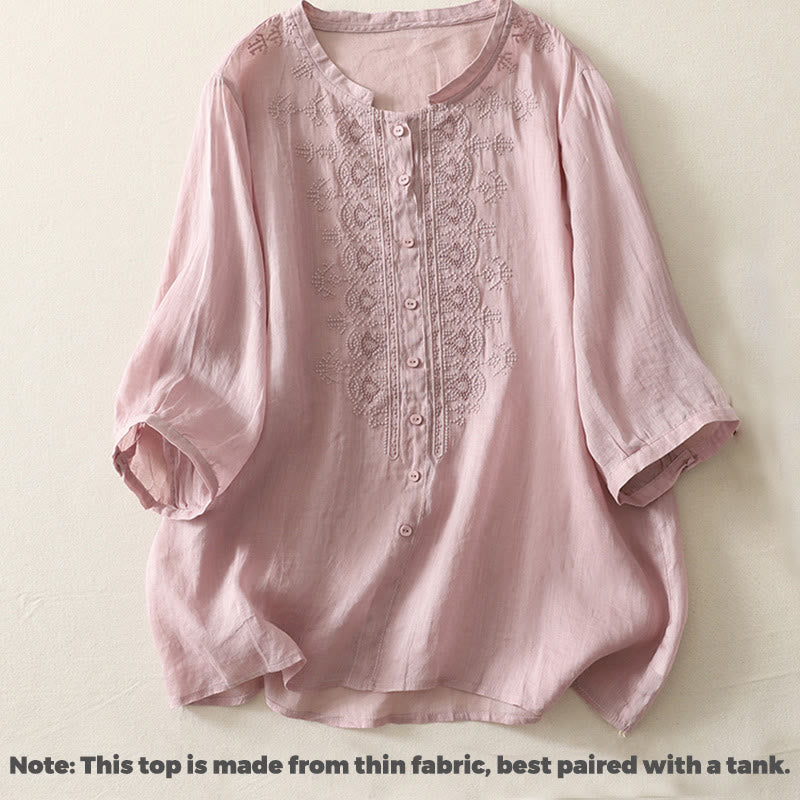 Buddha Stones Symmetrical Embroidery Cotton Linen Women's Half Sleeves Shirt