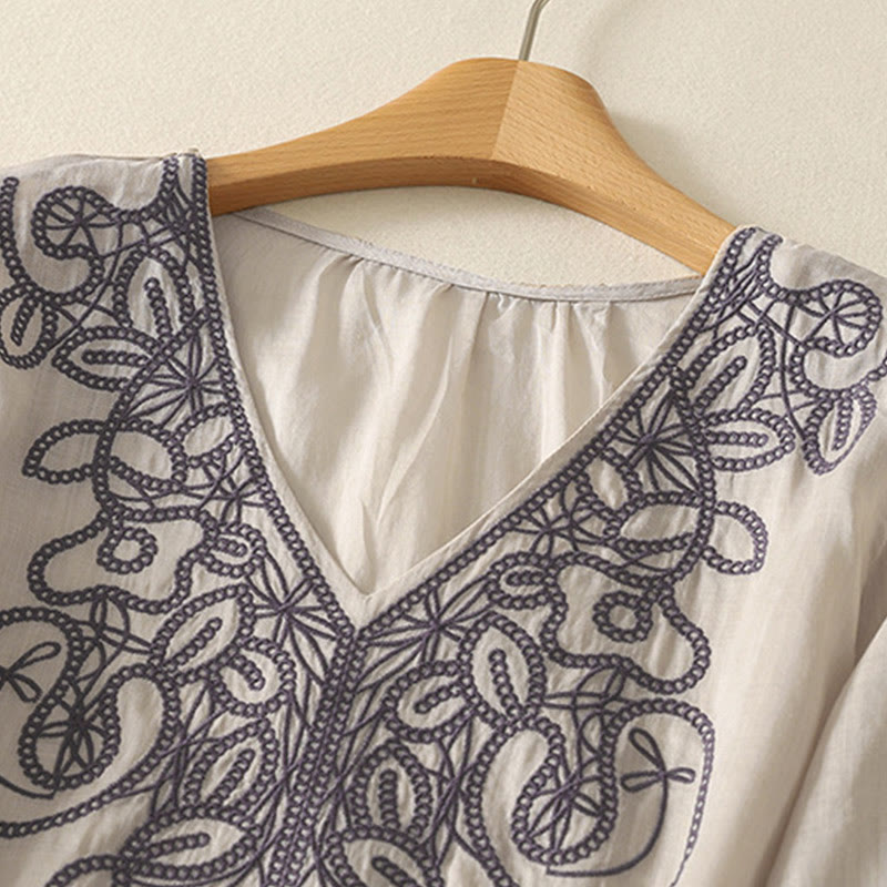 Buddha Stones Embroidered V-neck Casual Women's Cotton Linen Half Sleeve T-shirt