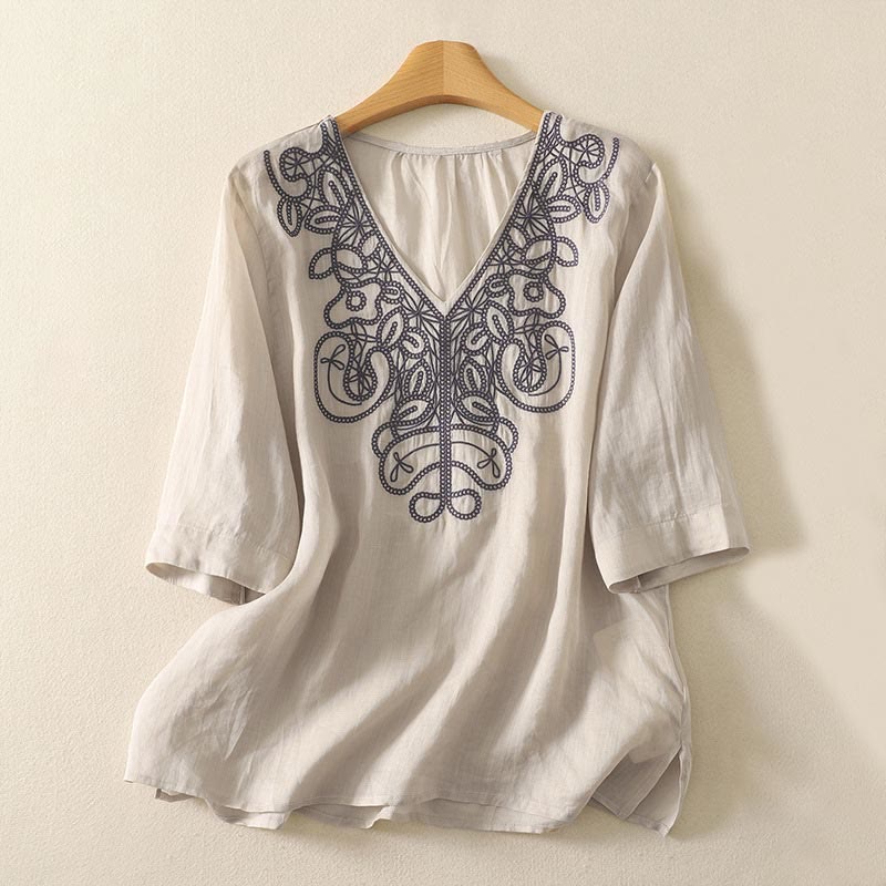 Buddha Stones Embroidered V-neck Casual Women's Cotton Linen Half Sleeve T-shirt