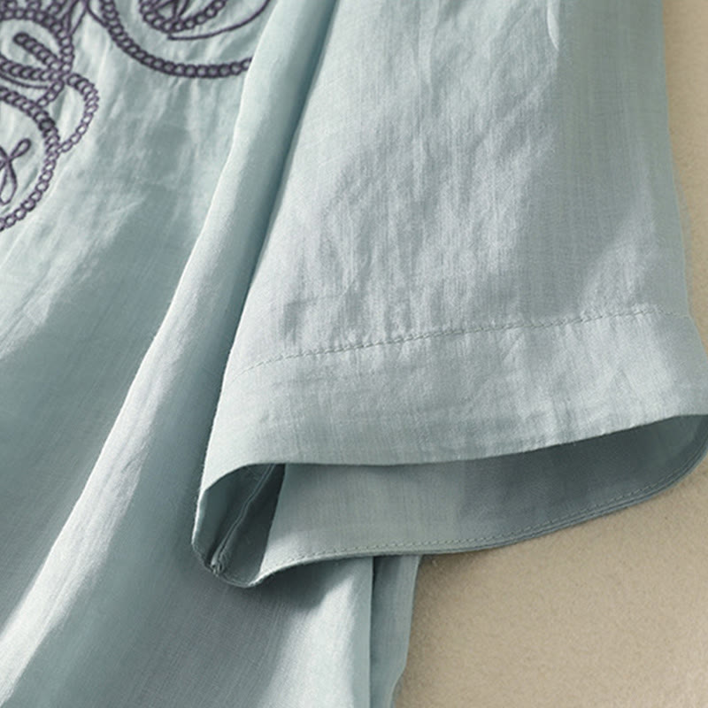 Buddha Stones Embroidered V-neck Casual Women's Cotton Linen Half Sleeve T-shirt