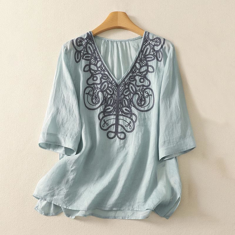 Buddha Stones Embroidered V-neck Casual Women's Cotton Linen Half Sleeve T-shirt