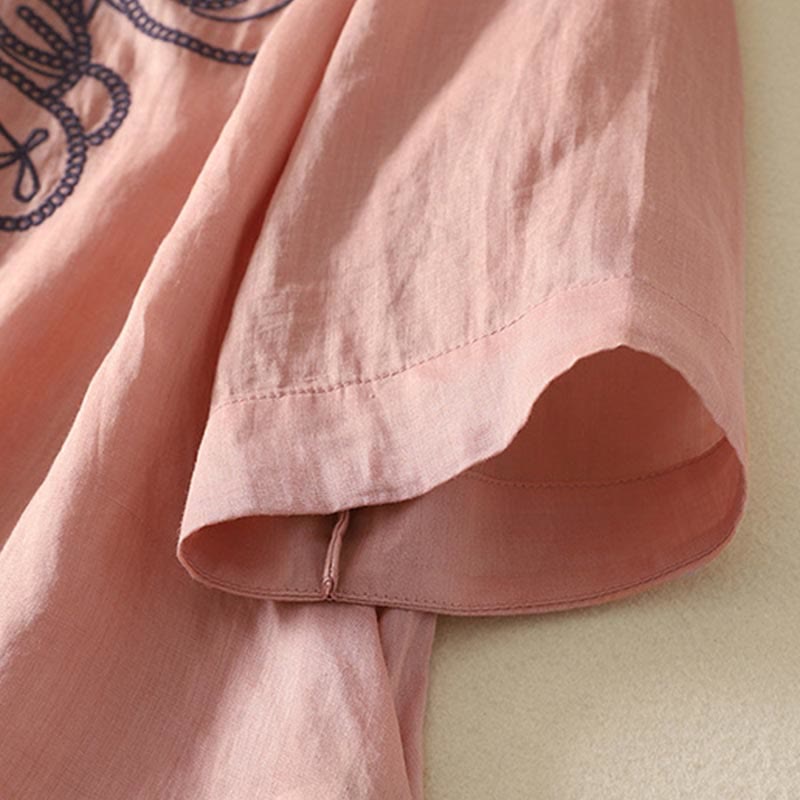 Buddha Stones Embroidered V-neck Casual Women's Cotton Linen Half Sleeve T-shirt