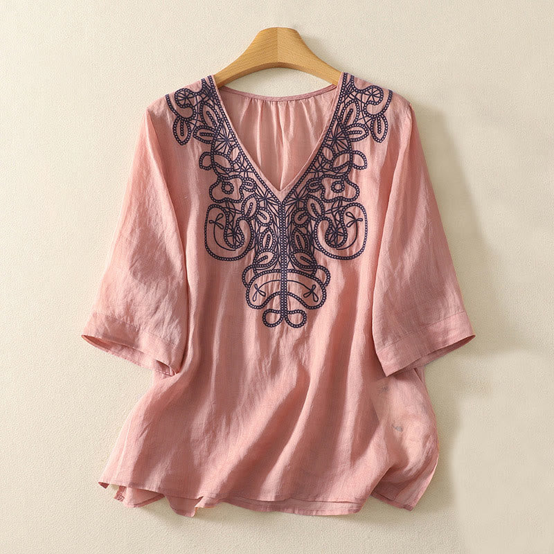 Buddha Stones Embroidered V-neck Casual Women's Cotton Linen Half Sleeve T-shirt